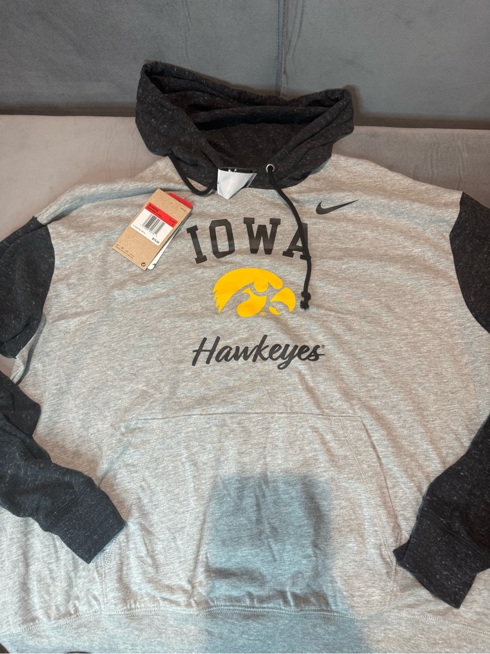 Nike Gray and Black Iowa Hawkeyes Hoodie with Yellow Logo